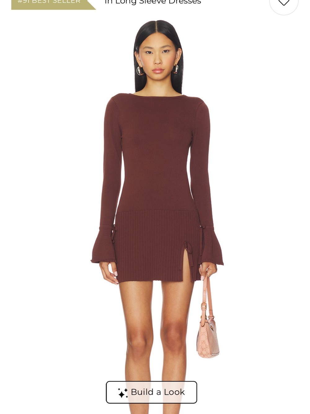 Fitted Chocolate Brown Long-Sleeve Ribbed Mini Dress